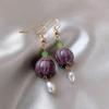 Vintage French Purple Lily Pearl Earrings: Elegant Glass Flower Fairy Ear Accessories
