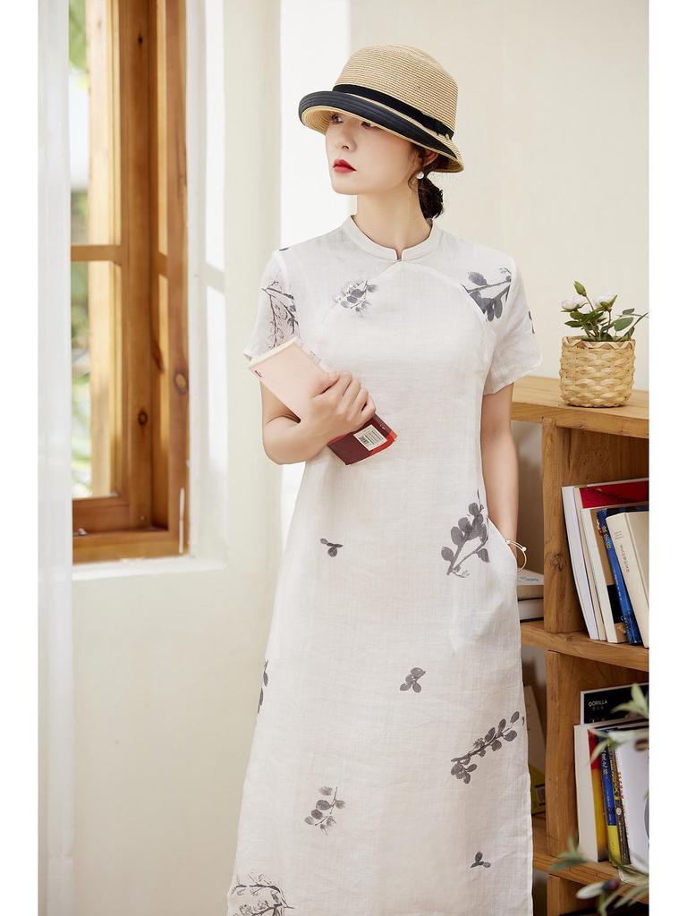 2022 Summer Ramie Print Women's Retro Travel Dress with Stand Collar & Short Sleeves