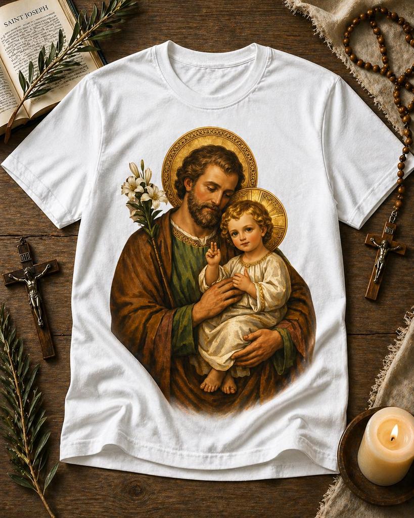 Saint Joseph and Child Jesus T-Shirt – Vintage Religious Faith Tee