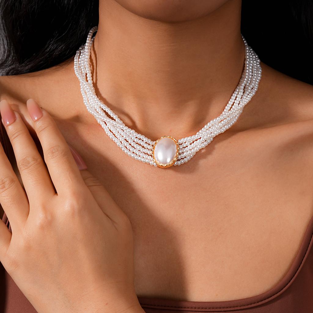 European and American oval diamond-encrusted multi-layer pearl necklace beaded collarbone chain light luxury high-end jewelry set women