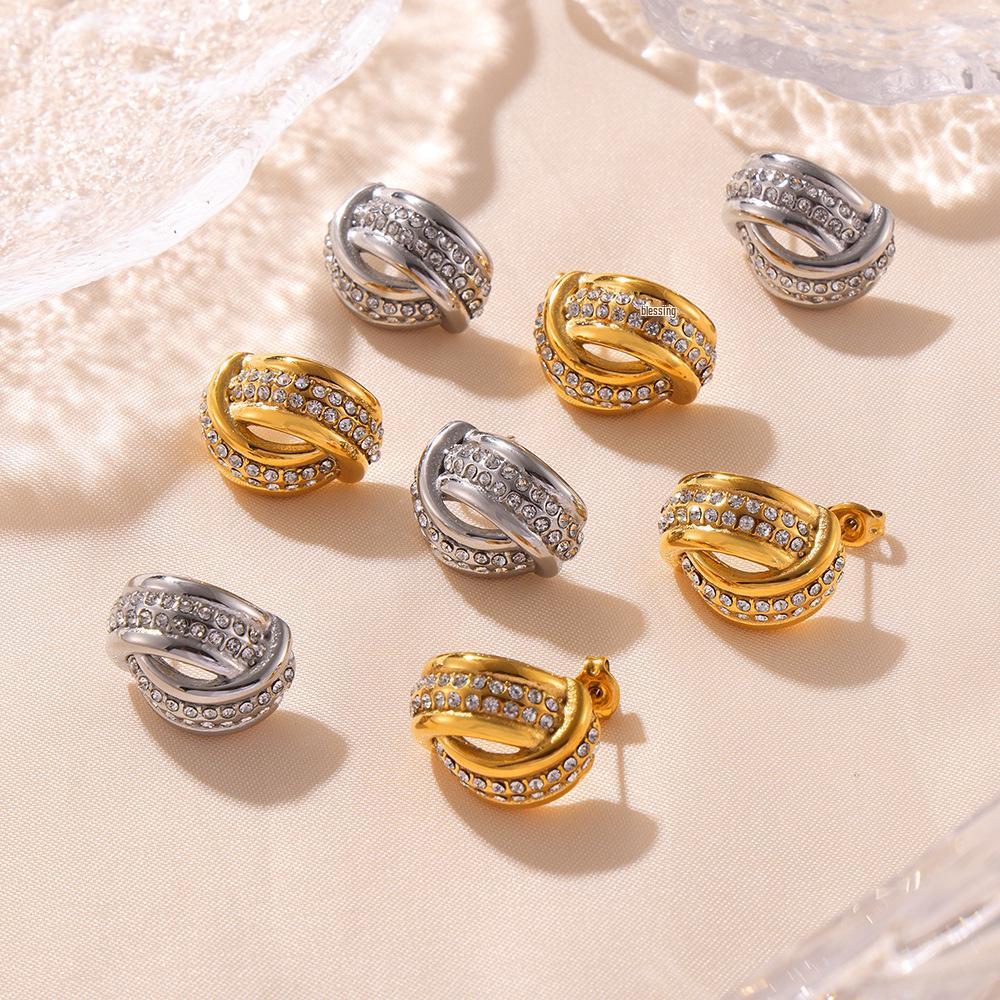 INS Style Retro 18K Gold Plated Titanium Steel Cross Twisted Hollow Diamond Stud Earrings for Women