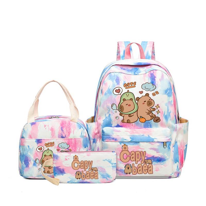 Capybara Cartoon Kids School Backpack Set With Pencil Case Lunch Bag - Large Capacity Breathable Waterproof Oxford Fabric