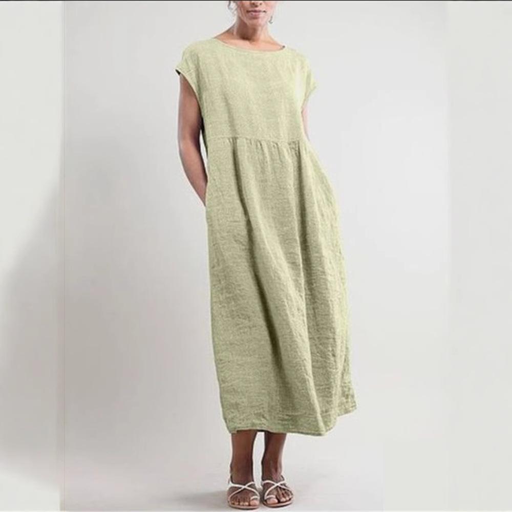 Spring/Summer Short Sleeve Loose Dress Casual Solid Color Pocket Dress for Women
