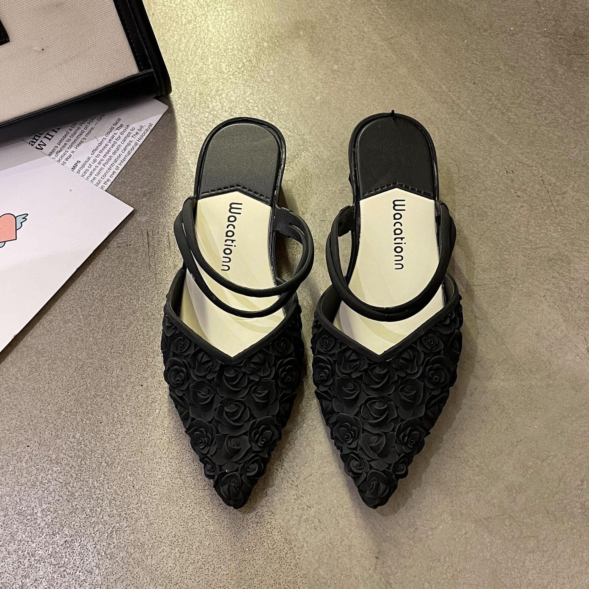 

Летние женские остроносые классные тапочки, корейская версия модных моделей на низком каблуке, с юбкой в стиле феи, сумка на голову 40 чёрный