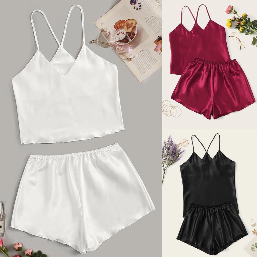 Spring Women Sexy-Lingerie Sleepwear Satin Silk Babydoll Nightwear Pajamas Set