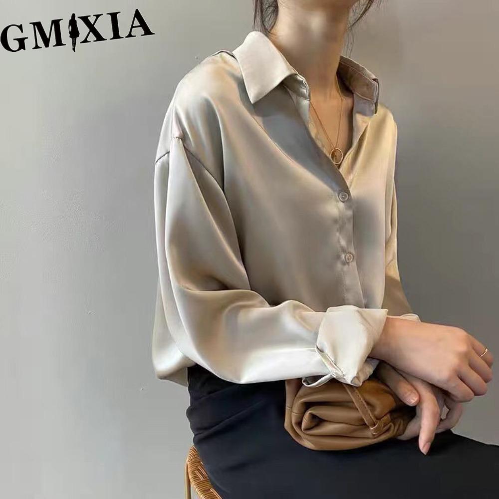 

GMXIA Женская мода Повседневный досуг Однотонный принт Длинный рукав Воротник ПОЛО Блузки и рубашки XXXL бежевый