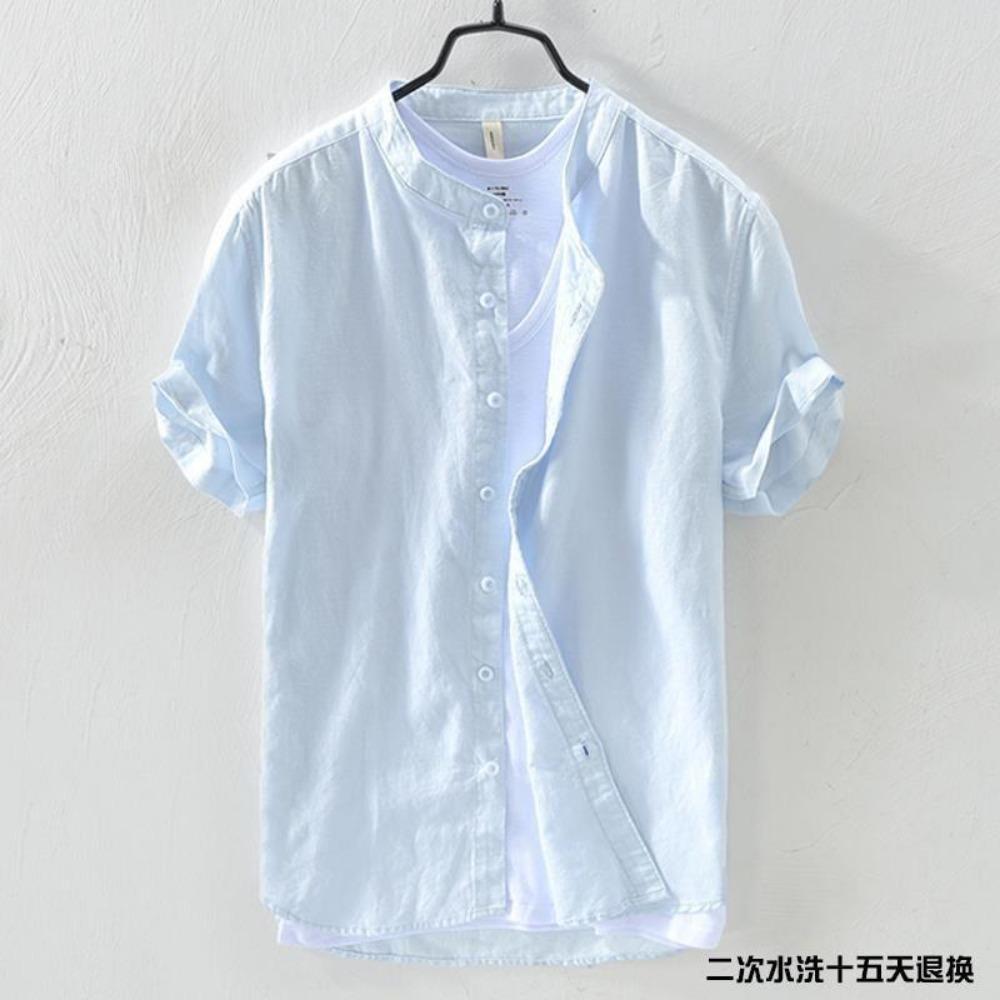 Short-sleeved Shirt Men's Stand Collar Loose Retro Thin Breathable Versatile Inch Clothes Dark Blue Cotton Linen Simple Casual