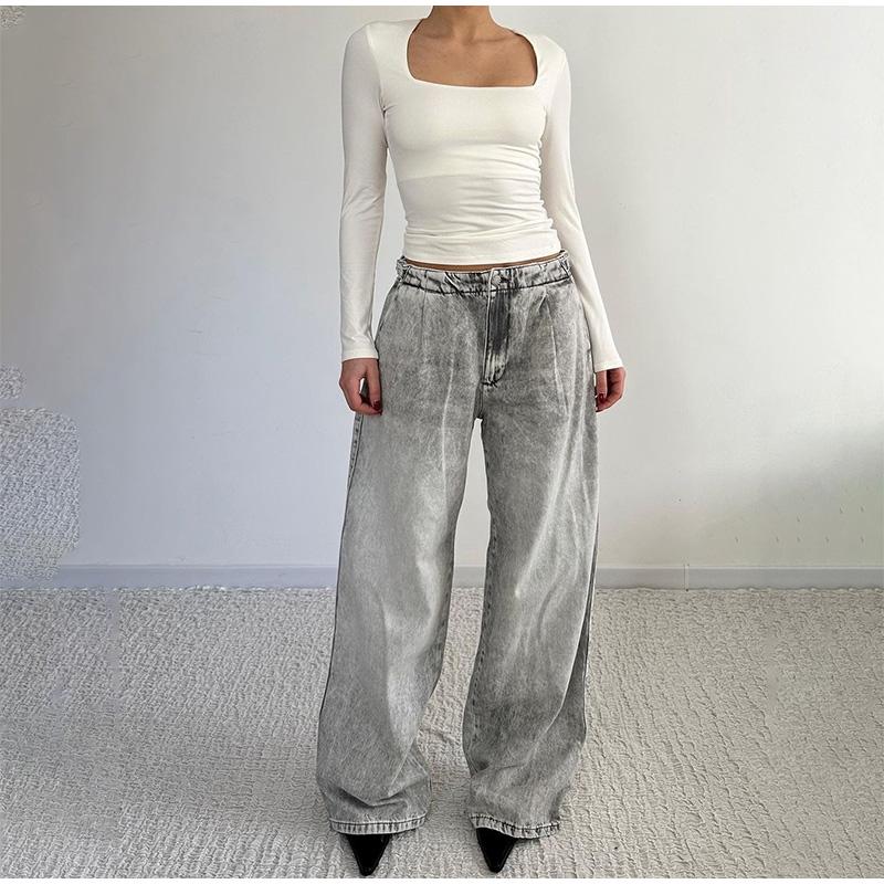 Pantaloni Jeans Versatili a Vita Bassa Donna Vintage Larghi Dritti Gamba Larga Lunghi Jeans Donna Primavera Autunno Moda Quotidiana Streetwear
