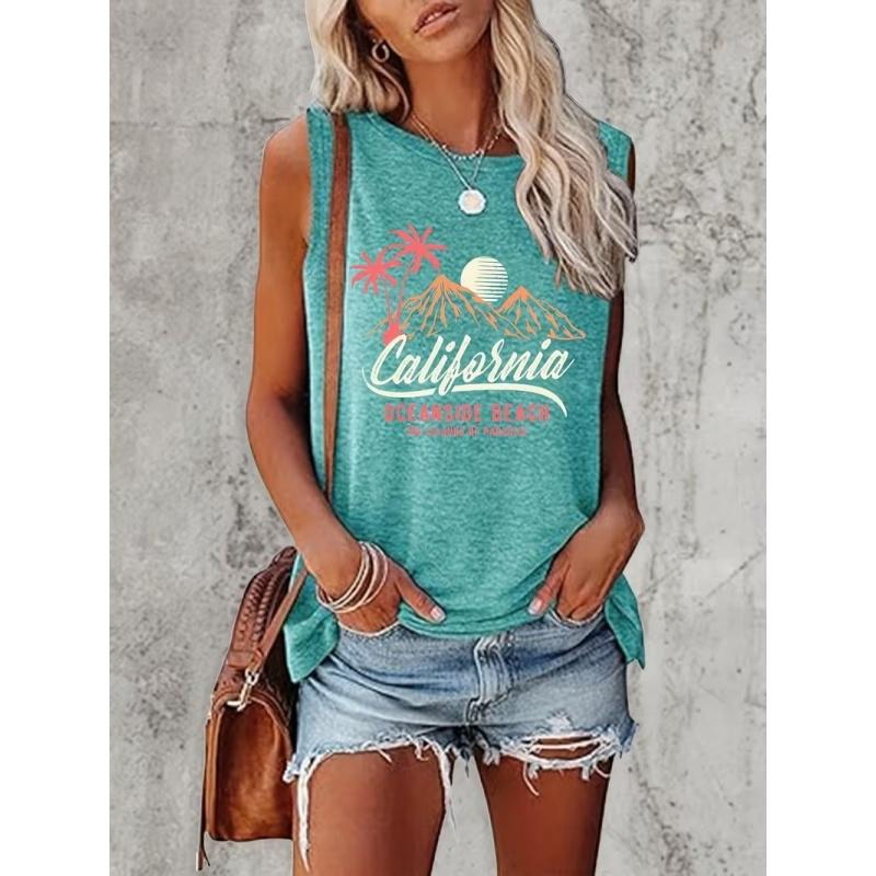 Women's Printed Tank Top T-shirt with Patterned Short Sleeves, Women's Sleeveless Round-neck T-shirt