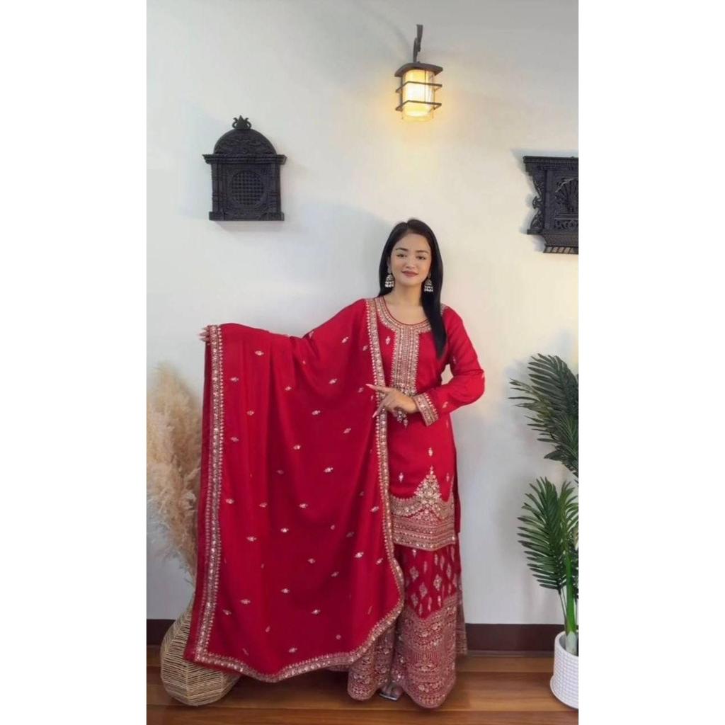 Launching New  Đěsigner Party Wear Look Pur Chinon Silk Top Plazzo & Dupatta Set