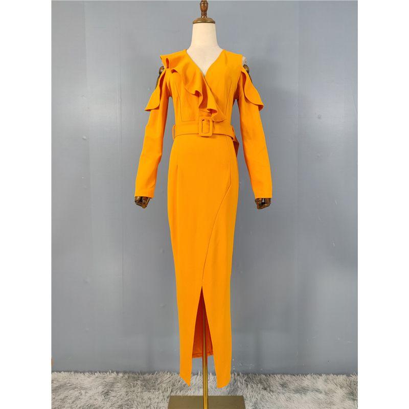 

Legal System Style Super Slimming Slit Formal Dress Long Dress off-the-Shoulder Design Socialite Birthday Party Annual Meeting with Belt Yellow XL