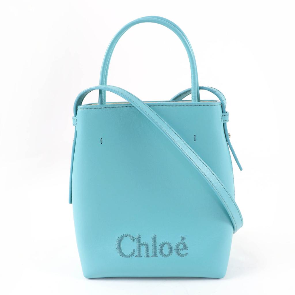 Excellent Chloe Shoulder Bag Sense Micro Tote Bag Logo Embroidery Leather Blue Used
