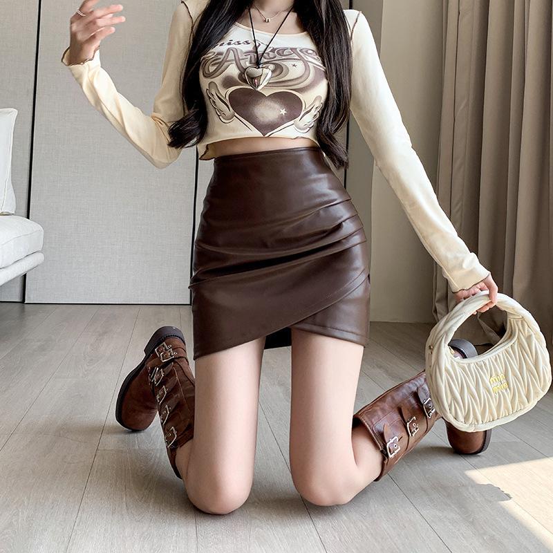 2025 New Autumn Women's Brown High Waist Leather Mini Skirt