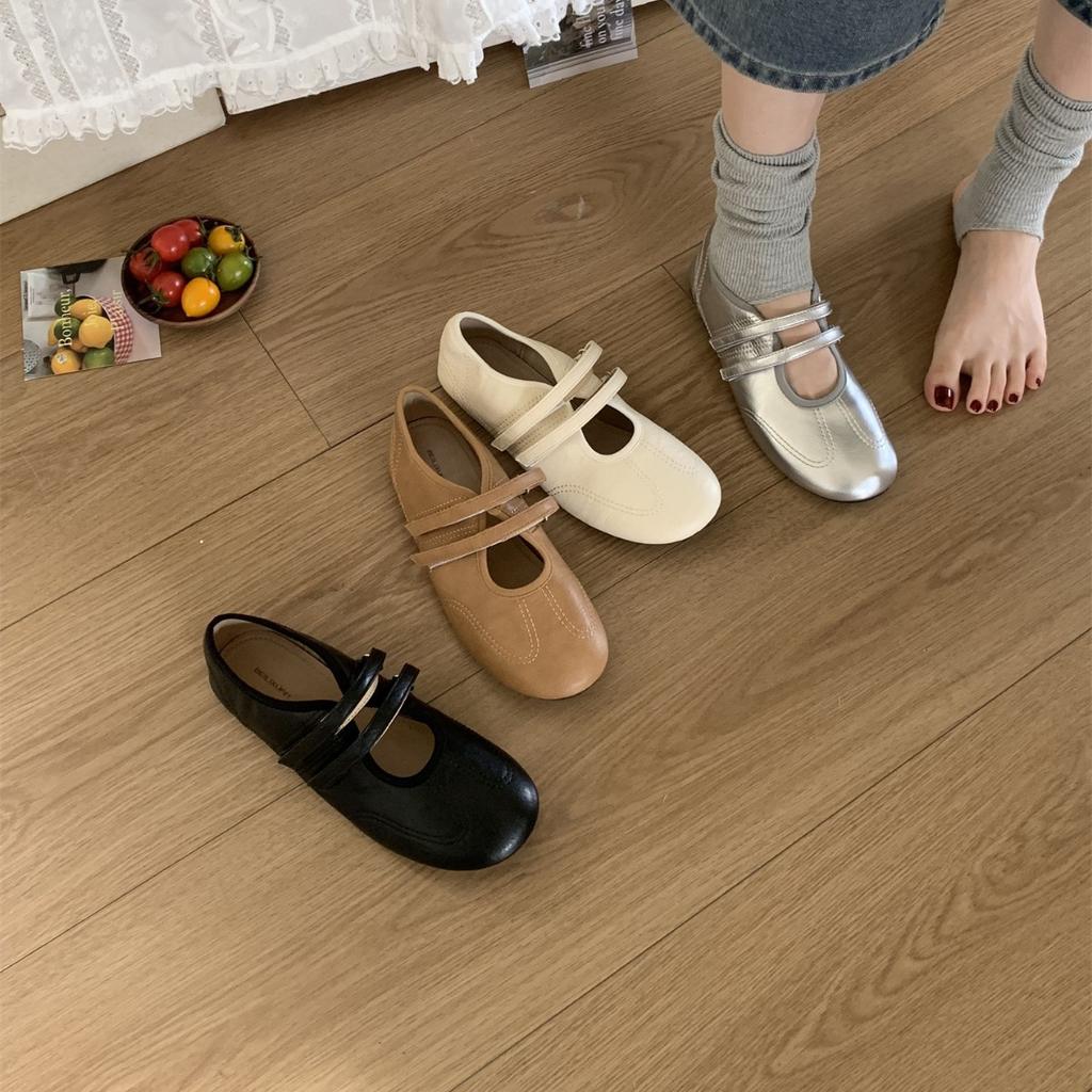 Korean version of round head 2025 autumn light mouth single shoes Velcro fashion versatile soft flat silver Mary Jane shoes ballet shoes