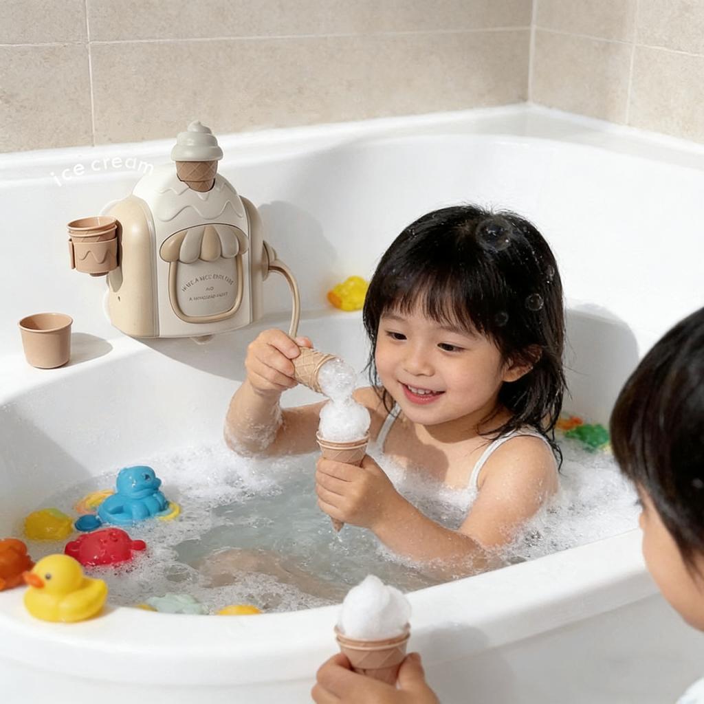 Kids Bath Bubble Foam Machine Bath Toys with Powerful Suction Manual Foam Maker Toddler Ice Cream Maker for Sensory Play