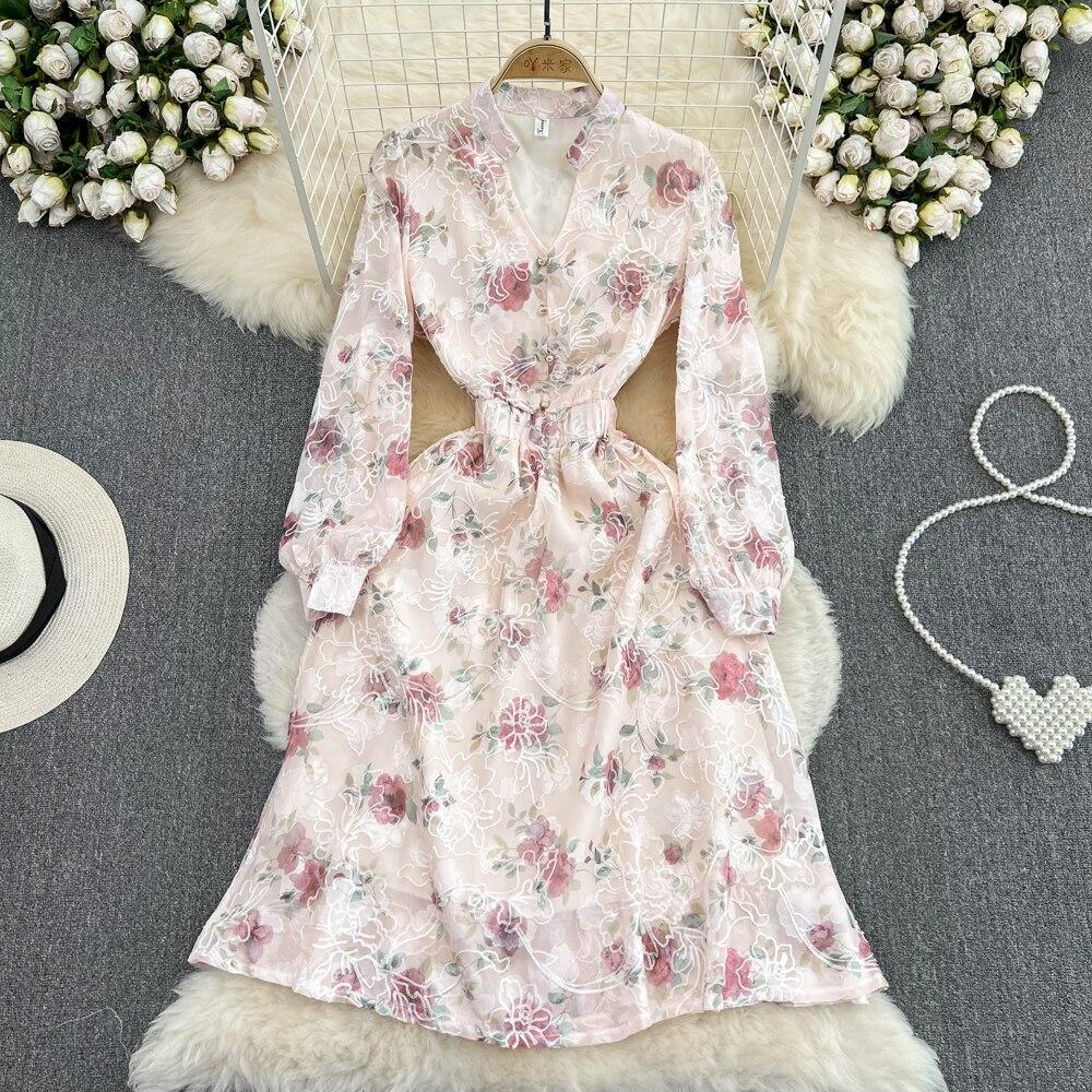 

Осеннее корейское платье в стиле ретро с длинным рукавом и v-образным вырезом на талии, утягивающее длинное платье с вышивкой и принтом