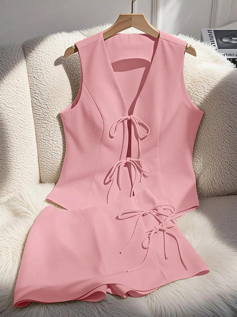 Women Sleeveless V Neck Backless Bow Tie Peplum Top High Waist Shorts Set Solid Color Casual Summer Two Piece Set