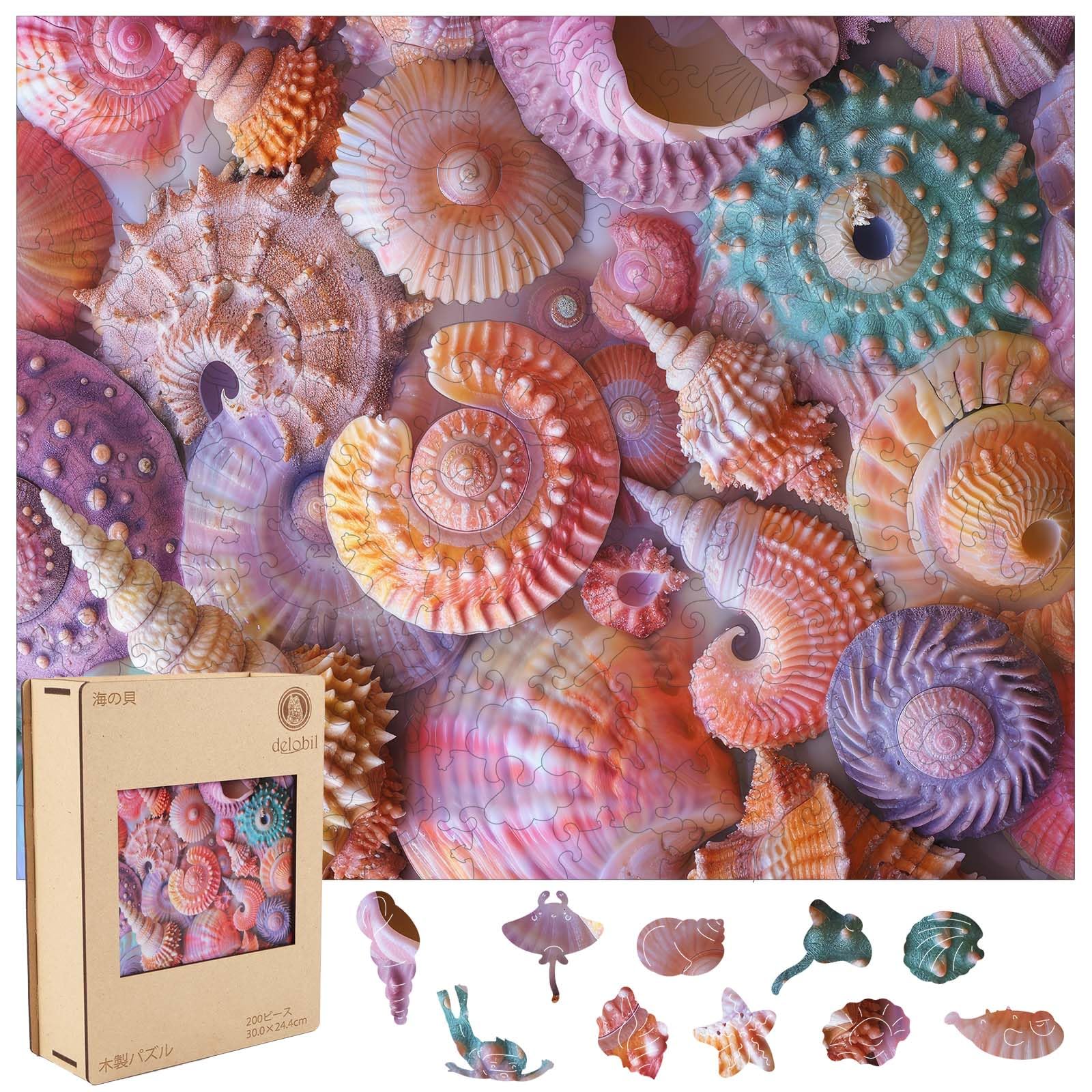 

Delobil 200-Piece Wooden Jigsaw Puzzle [Sea Shells] - Unique and Challenging Puzzle for Adults, Perfect Family Game, Decompression Fun Toy,