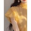 French Style Yellow Chiffon Shirt Women Summer Short Sleeve Blouse with Ruffles