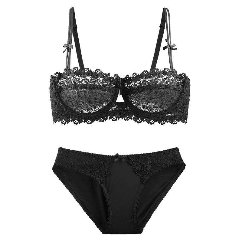 Evropská a americká ultratenká průhledná krajková souprava podprsenky s polovičním košíčkem - Sexy a design proti povislým prsům