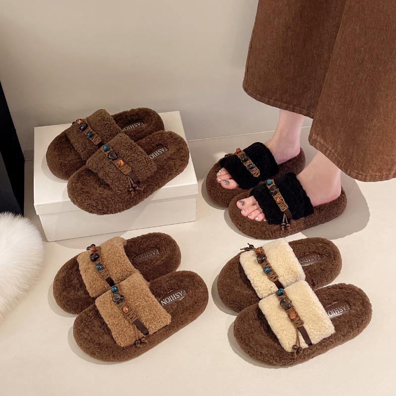 Fashion fringed wool slippers women's wear autumn new retro round head thick bottom wool slippers women
