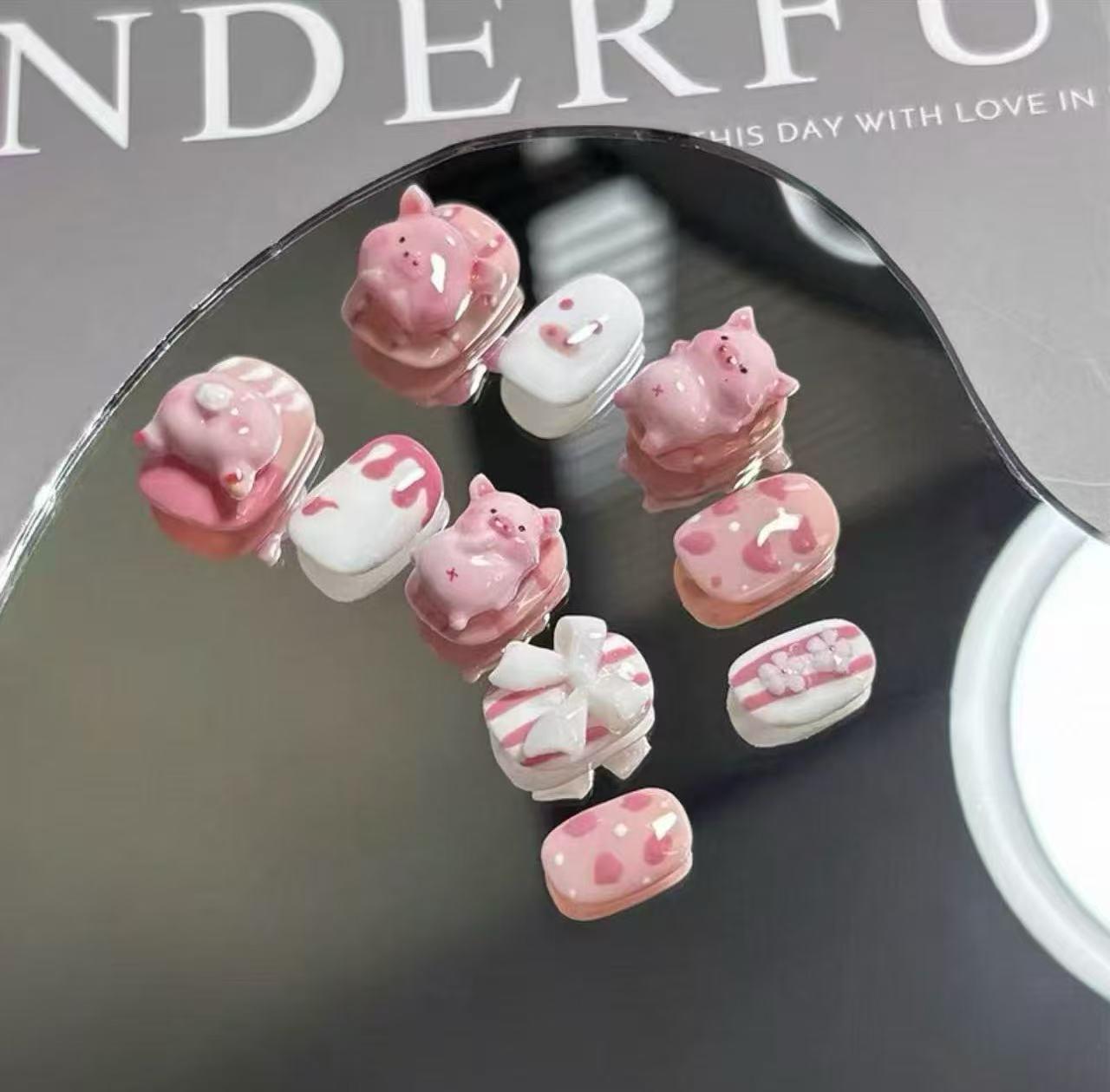 Sky Blue Cute Cartoon Piggy Short Nails for Kids Medium