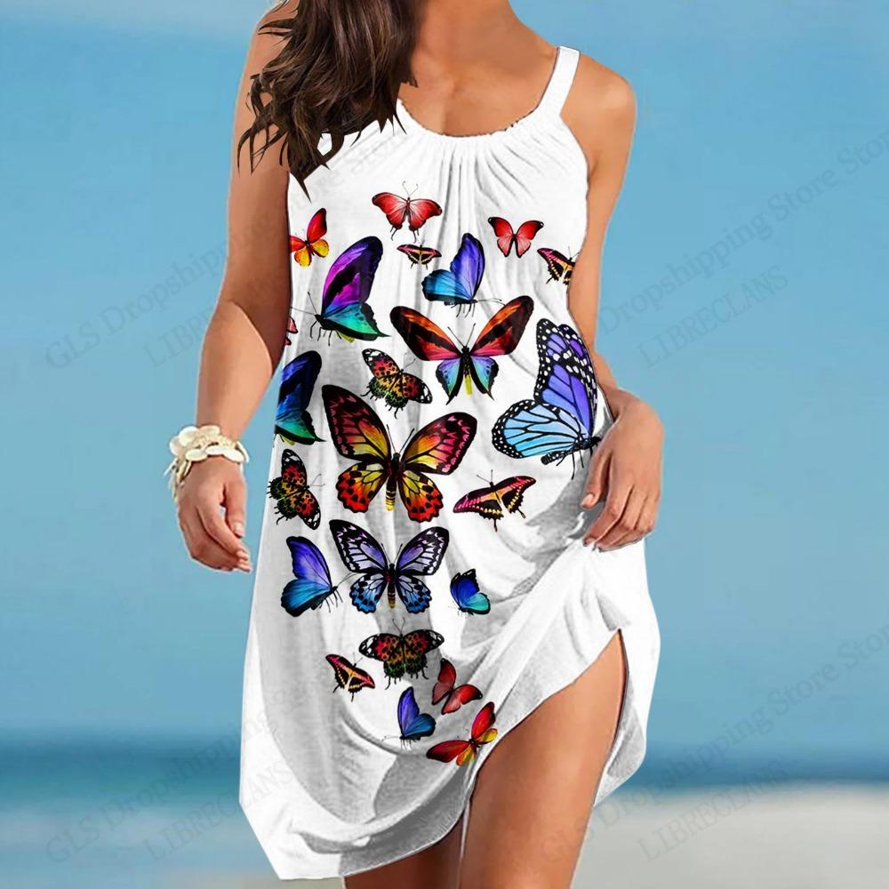 New Fashion Women Hawaiian Beach Dress Elegant Colourful Butterfly 3D Print Summer Midi Strap Bohemian Dresses Sleeveless Party