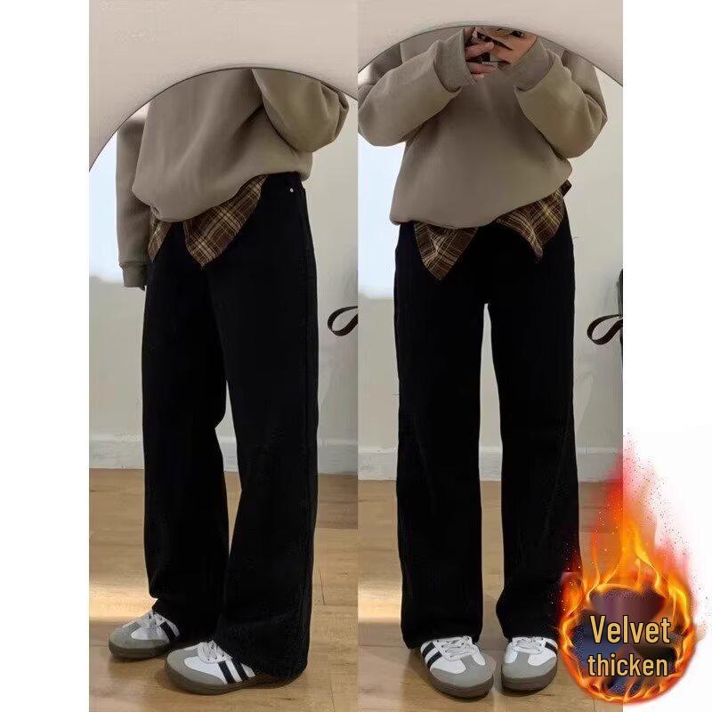 

Женские черные джинсы с высокой талией, на флисовой подкладке, с широкими штанинами - Осень/Зима, Большой размер, Тип фигуры груша , Стройнящие, Прямые штанины. S