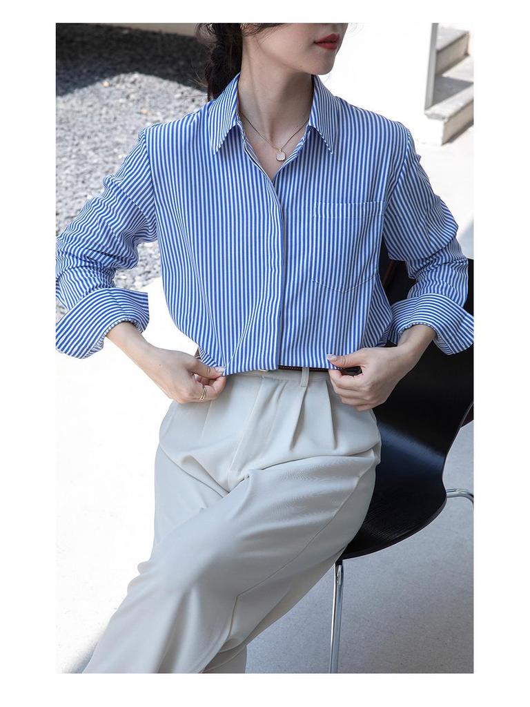 Spring 2025 Women's Casual Blue-Striped Long-Sleeve Shirt