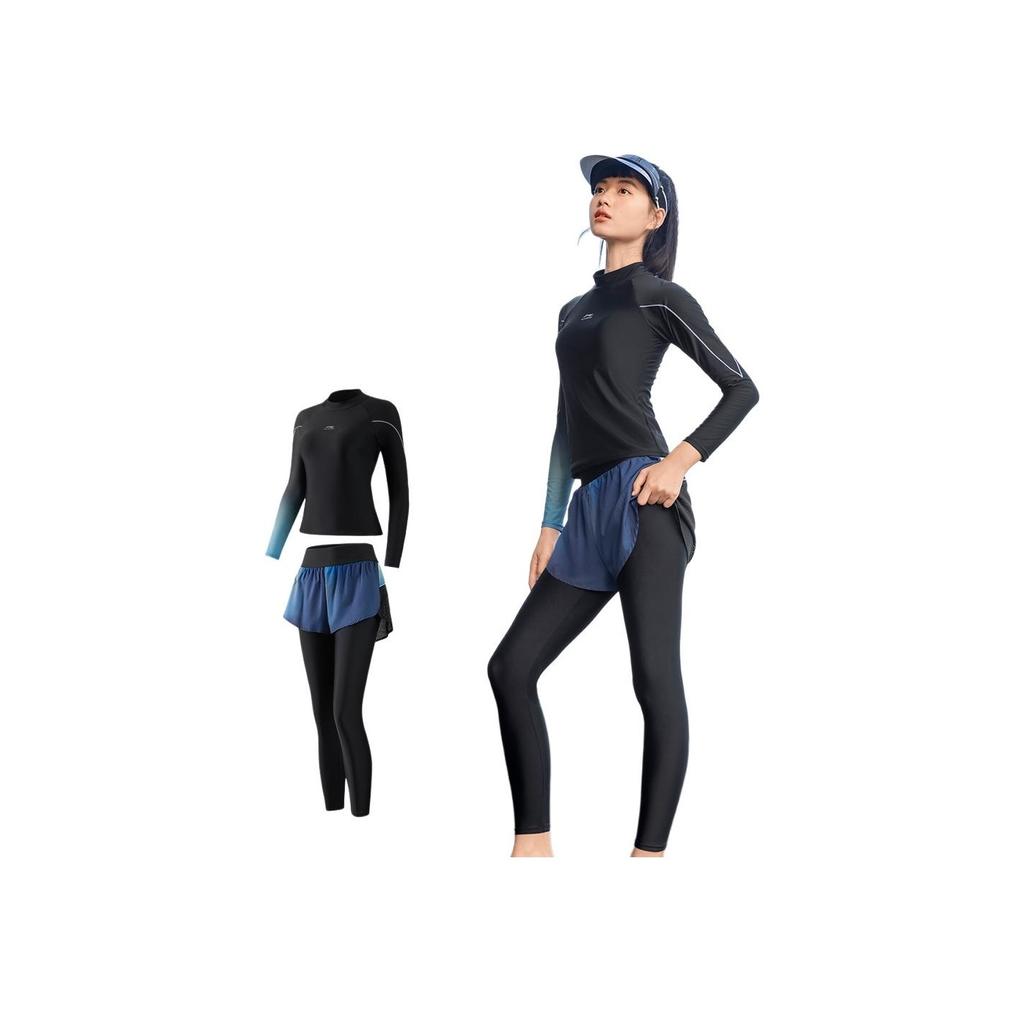 Li Ning Langarm Lange Hose Raglan Rundhals Schlitz Bademode Damen Bademode Schwarz Grün-Verlauf LSYV528-1