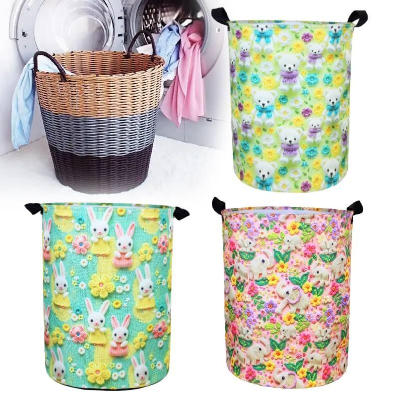 Butterfly Elephant Rabbit Bear Flower 3d Print Cylinder Clothes Basket Storage