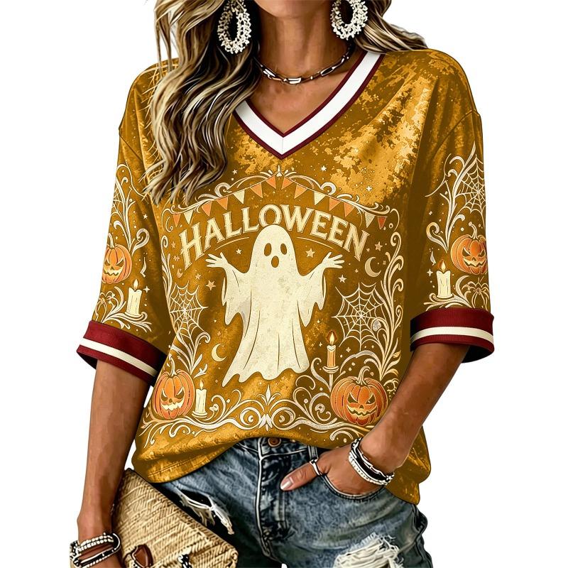 Women's V-Neck Short Sleeve Top, Vintage Halloween Pumpkin Candle Cobweb Print Make Old Casual Holiday T-Shirt
