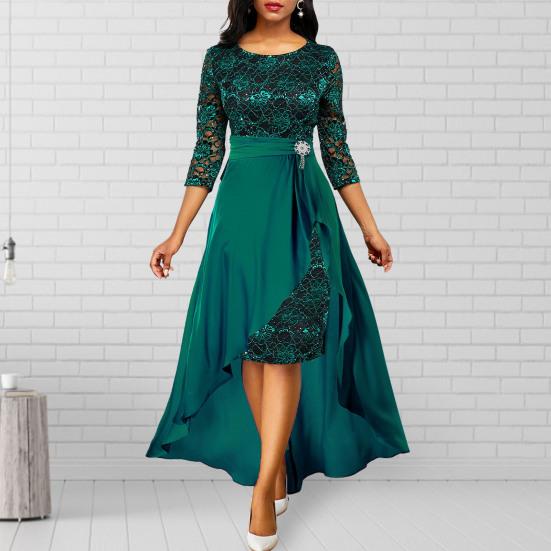 2 Pcs/Set Women Prom Dress Skirt Set Hollow Out Lace Ruffle Hem High Waist Round Neck Three Quarter Sleeve Ankle Length Banquet Maxi Dress
