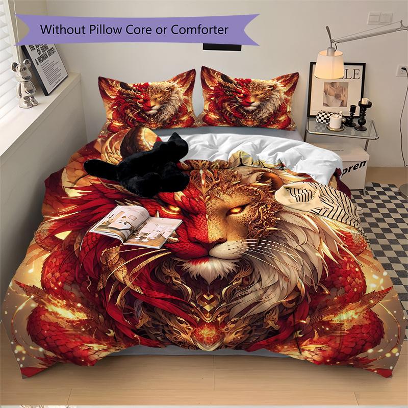 3pcs Golden Lion of Fire Bedding Set, Including 1 Quilt Cover and 2 Pillow Shams, Without Filling,