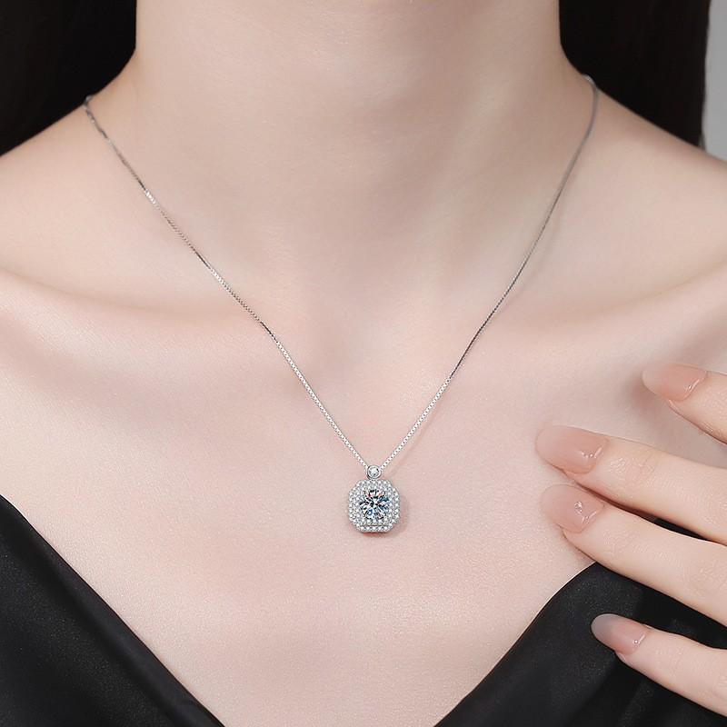 Moissanite Pendant Necklace Sparkling Square Bag Design Versatile Women