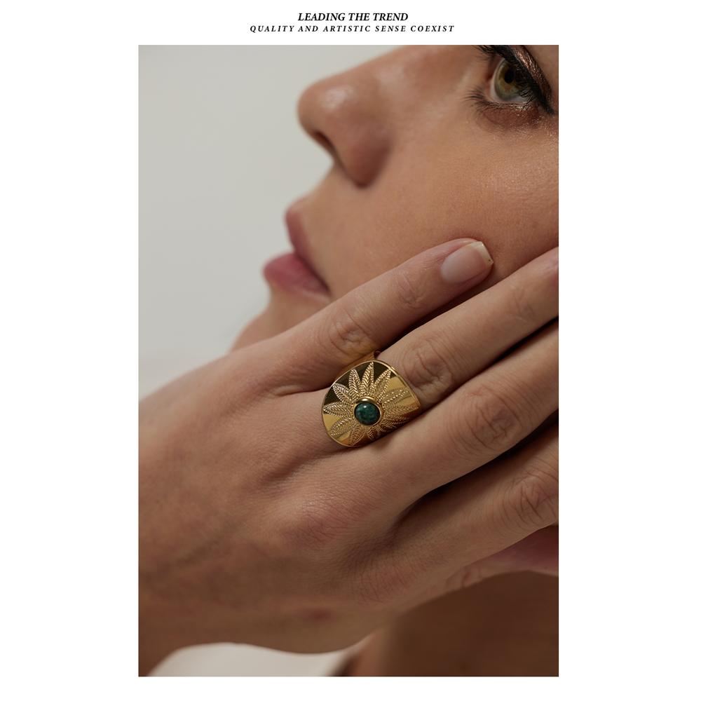 Yhpup Stainless Steel Flower Leaves Ring for Women Green Natural Stone Opening Rope Ring bague acier inoxydable Accessories Gift