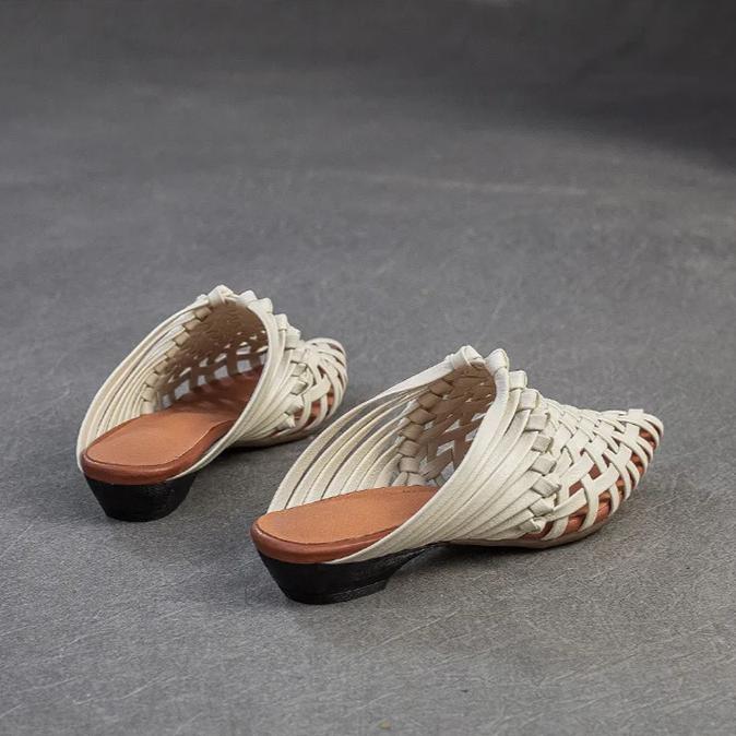 Johnature Ručně vyráběné tkaní Pantofle se špičatou špičkou na nízkém podpatku Prodyšná móda Dámská obuv z pravé kůže