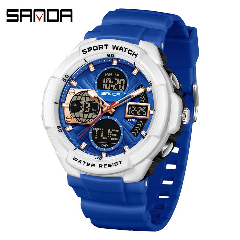 Sanda Men's Multifunctional Sports Watch with Three-Time Zone Dual Display & Waterproof Design