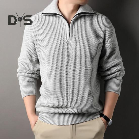 Men Fall Winter Sweater Lapel Loose Half Zipper Long Sleeves Mid Length Solid Color Retro Knitted Sweater