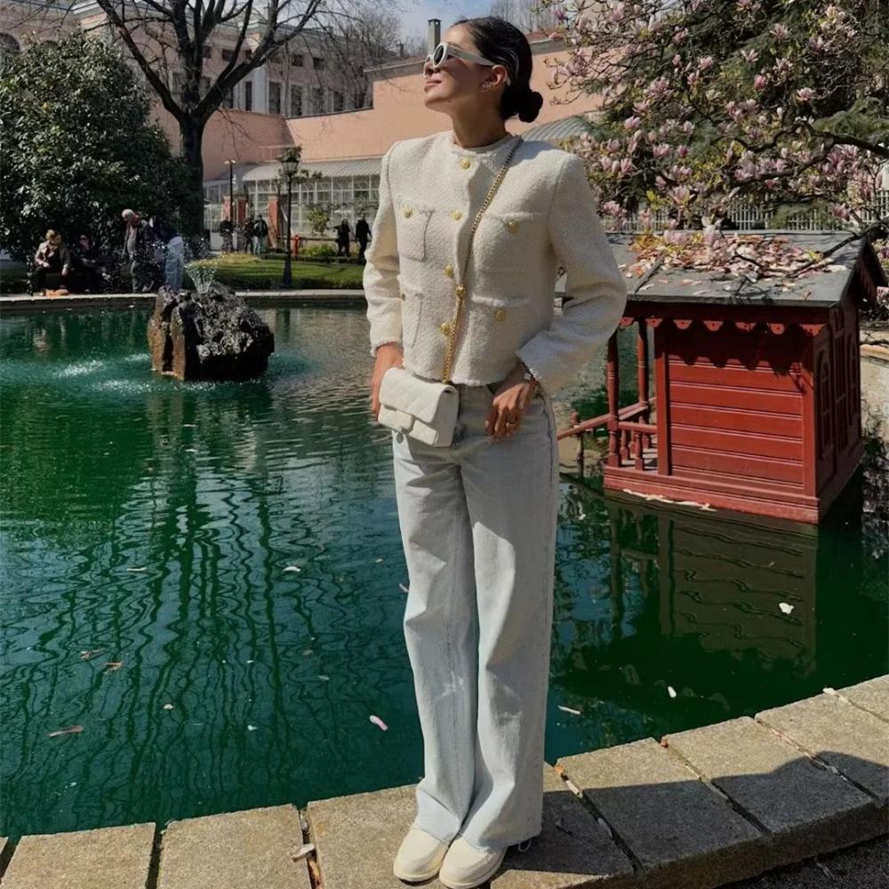 Chic Female Tweed Basic Jacket Coat Women Clothing Woolen Outerwear Long Sleeve Front Button Female Outerwear Chic Tops