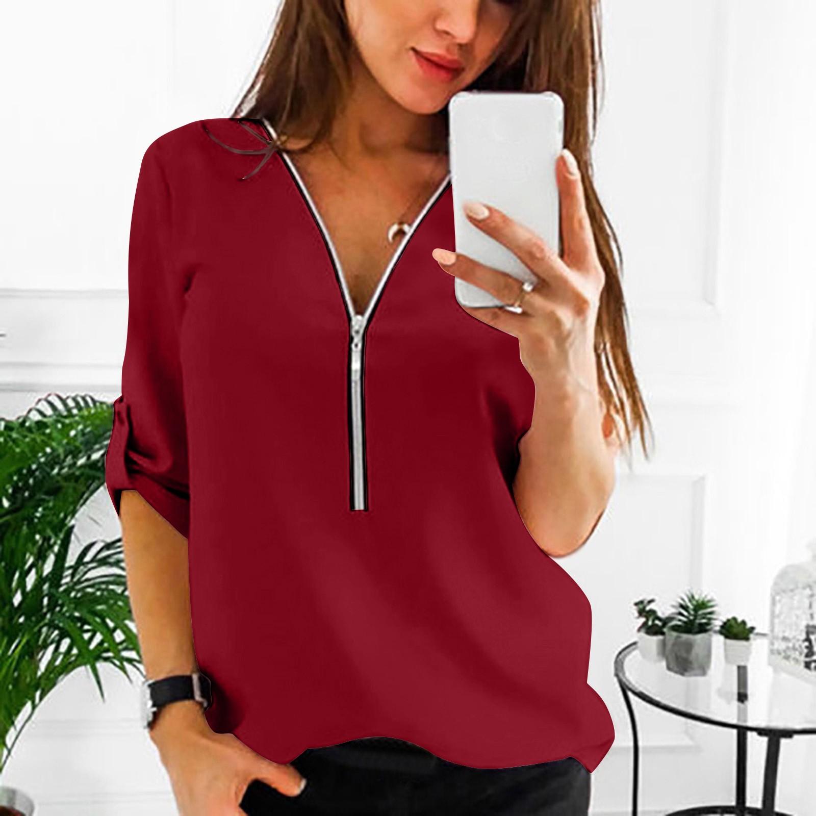 

Женская повседневная однотонная шифоновая рубашка с V-образным вырезом, рукавом семь четвертей и застежкой-молнией XXXXL