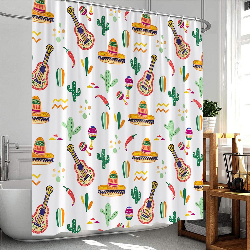 Mexican Style Shower Curtains Cartoon Tropical Plants Cactus Bathroom Decor Polyester Fabric Bath Curtain with Hooks Washable