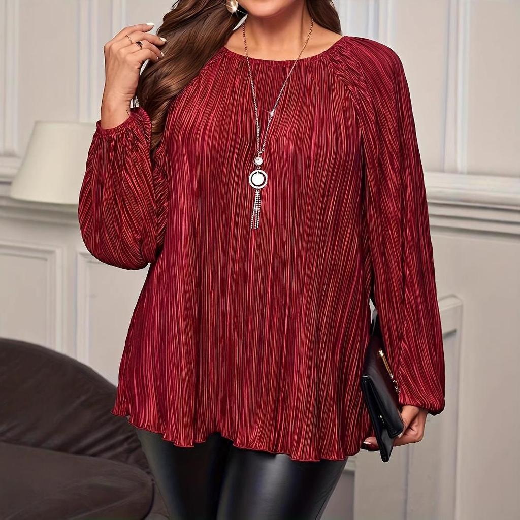 2025 Spring/Summer Plus Size Loose Casual Pearlescent Pleated Long Sleeve Fashion Top for Women