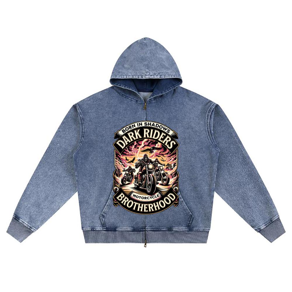 DTG Print Knitted Denim Zip-Up Hoodie Streetwear Motorcycle Brother Print Zipper Hoodies  