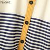 ZANZEA Womens Round Neck Long Sleeve Casual Stripe Blouse