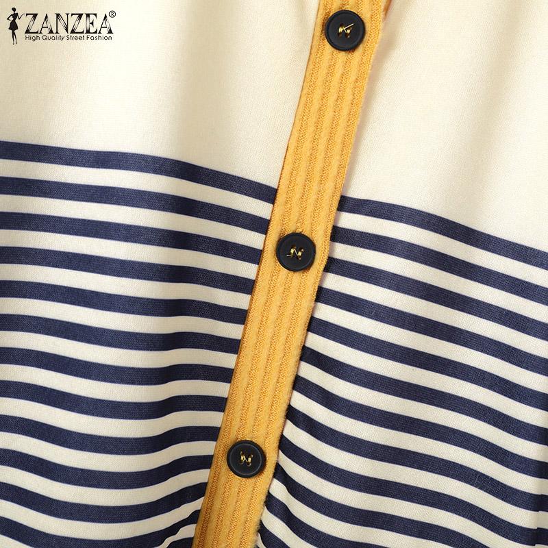 ZANZEA Womens Round Neck Long Sleeve Casual Stripe Blouse
