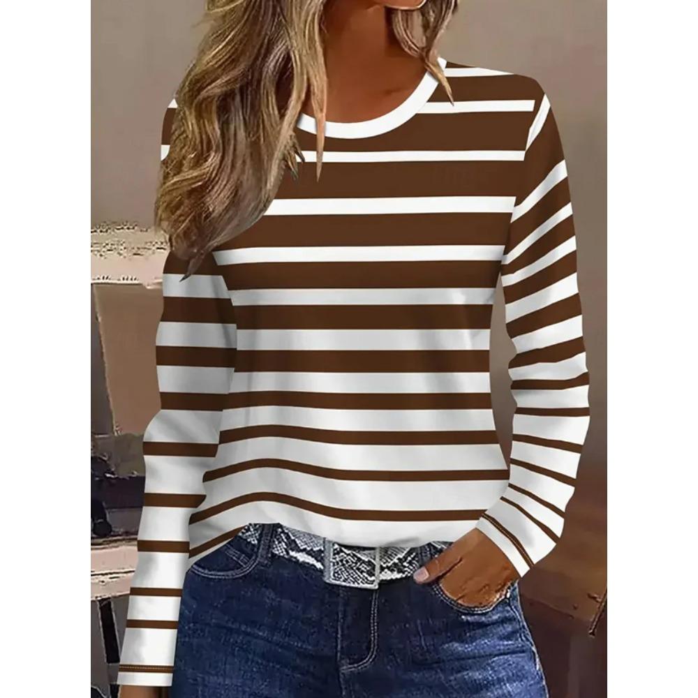 Top da Donna Stampa a Righe Girocollo Manica Lunga T-shirt Autunno Casual Slim Pullover Top a Manica Lunga da Donna