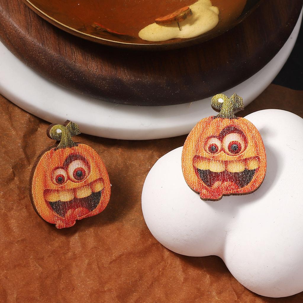 Neue Halloween kreative und lustige Holz bedruckte Kürbis Emoji Ohrstecker, ein Nischen- und trendiger Stil
