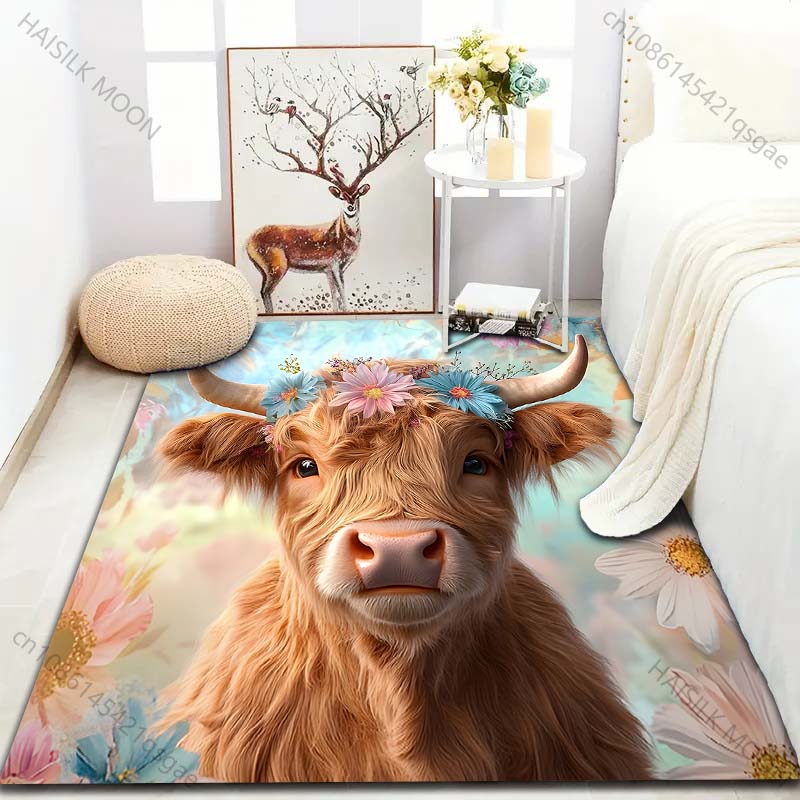 Multi-Size Highland Cattle Art Pattern Carpet for Living Room Bedroom Sofa Home Decor Non-slip Floor Mat Luxury Gift