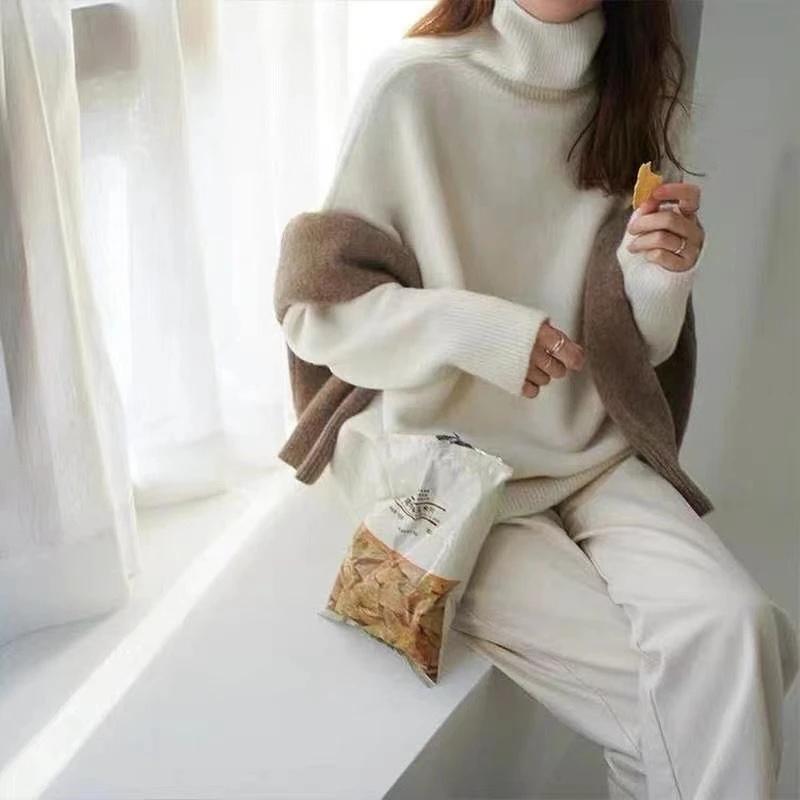 Autumn Women's Knitted Turtleneck Pullover Loose Thick High Neck Jumper Long Sleeved Korean Fashion Lazy Style Sweater Women